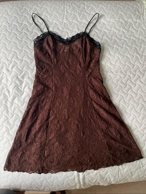 Arianne Vintage Brown Lace Mini Slip Dress with Black Trim, Size Small